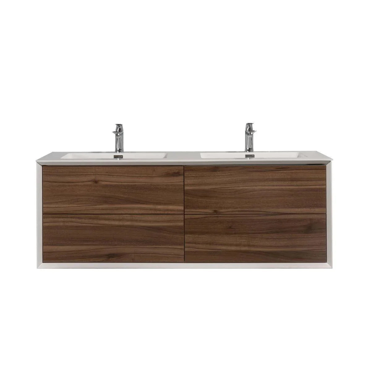 60" Walnut Wall Mount Double Sink Bathroom Vanity with White Polymarble Countertop Fleur - Golden Elite Deco