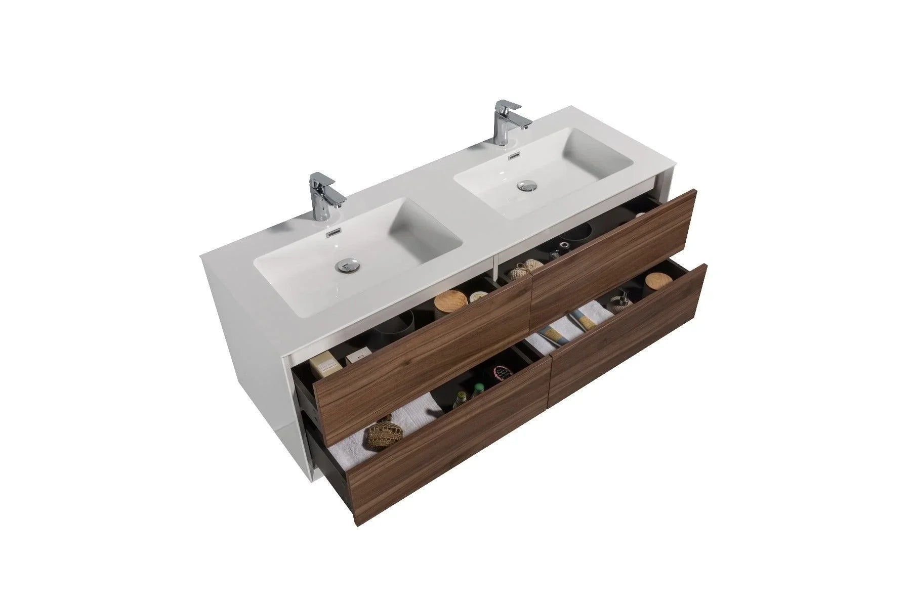 60" Walnut Wall Mount Double Sink Bathroom Vanity with White Polymarble Countertop Fleur - Golden Elite Deco