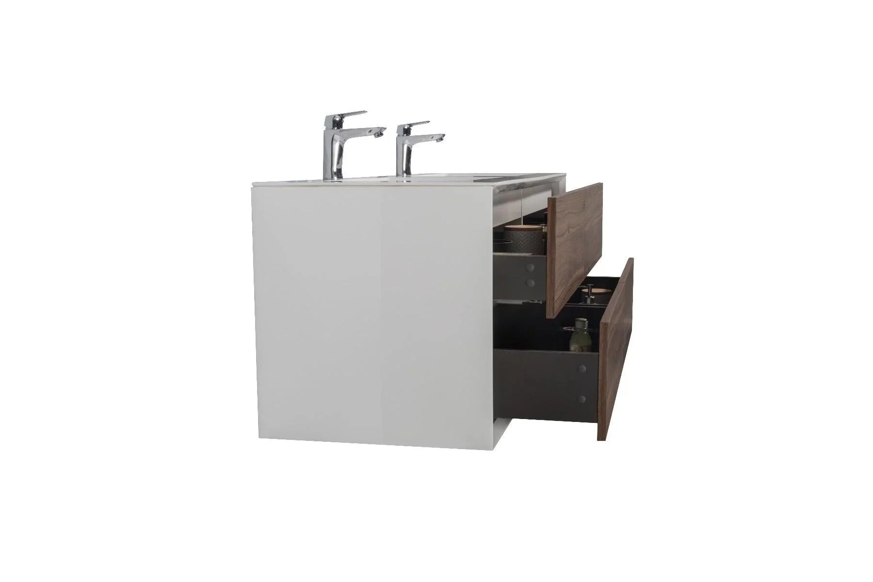 60" Walnut Wall Mount Double Sink Bathroom Vanity with White Polymarble Countertop Fleur - Golden Elite Deco