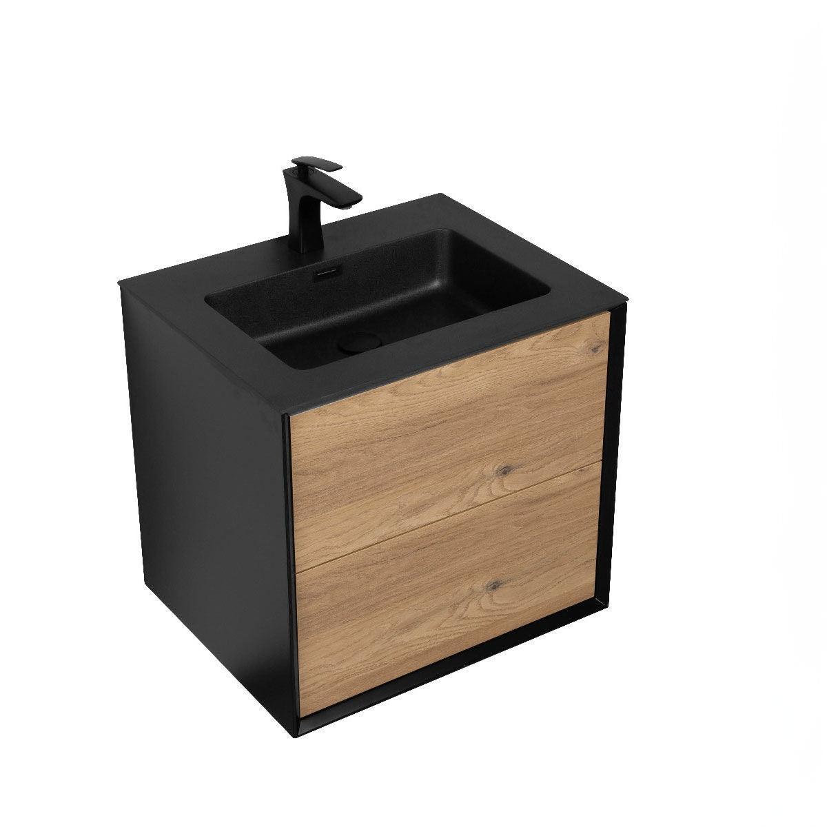 24" Black & Rough Oak Wall Mount Bathroom Vanity with Black Engineered Quartz Countertop - Golden Elite Deco