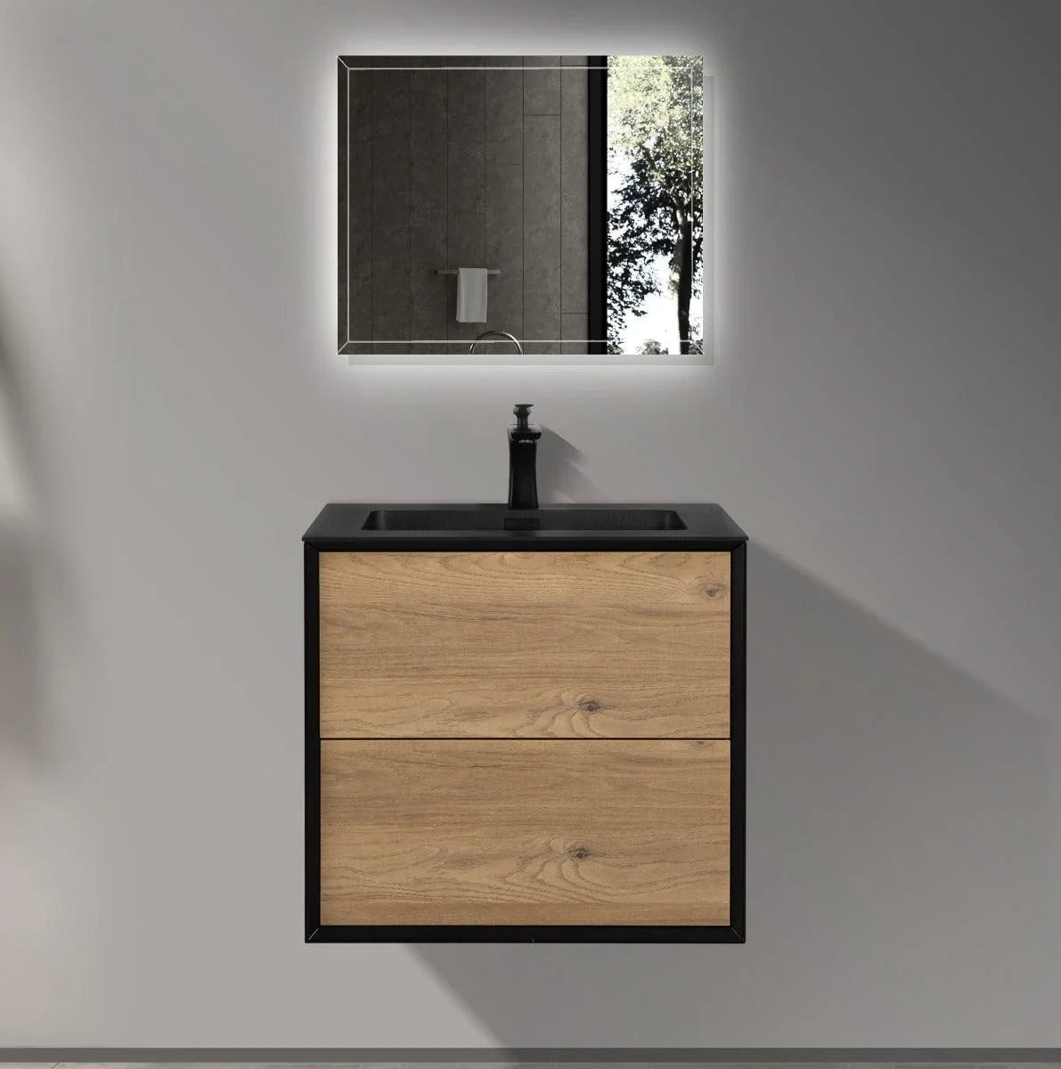 24" Black & Rough Oak Wall Mount Bathroom Vanity with Black Engineered Quartz Countertop - Golden Elite Deco