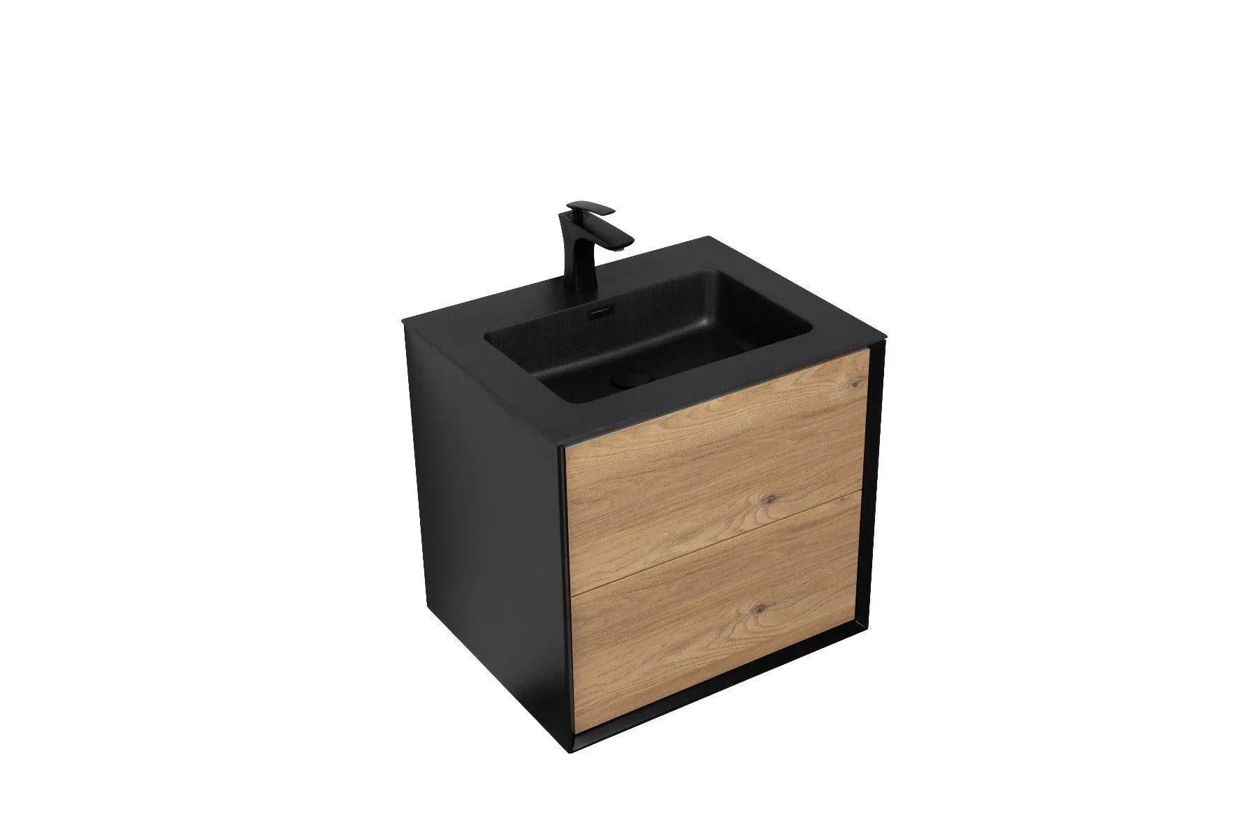 24" Black & Rough Oak Wall Mount Bathroom Vanity with Black Engineered Quartz Countertop - Golden Elite Deco