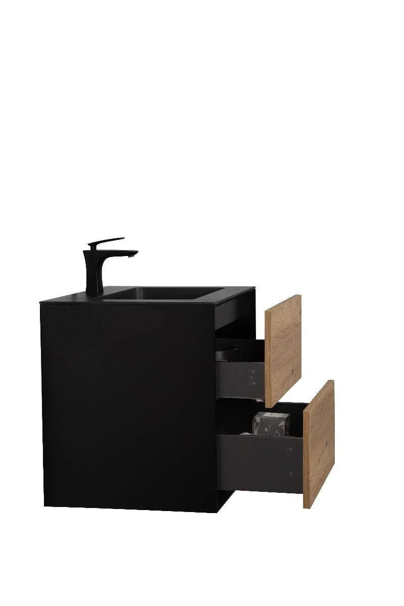 24" Black & Rough Oak Wall Mount Bathroom Vanity with Black Engineered Quartz Countertop - Golden Elite Deco