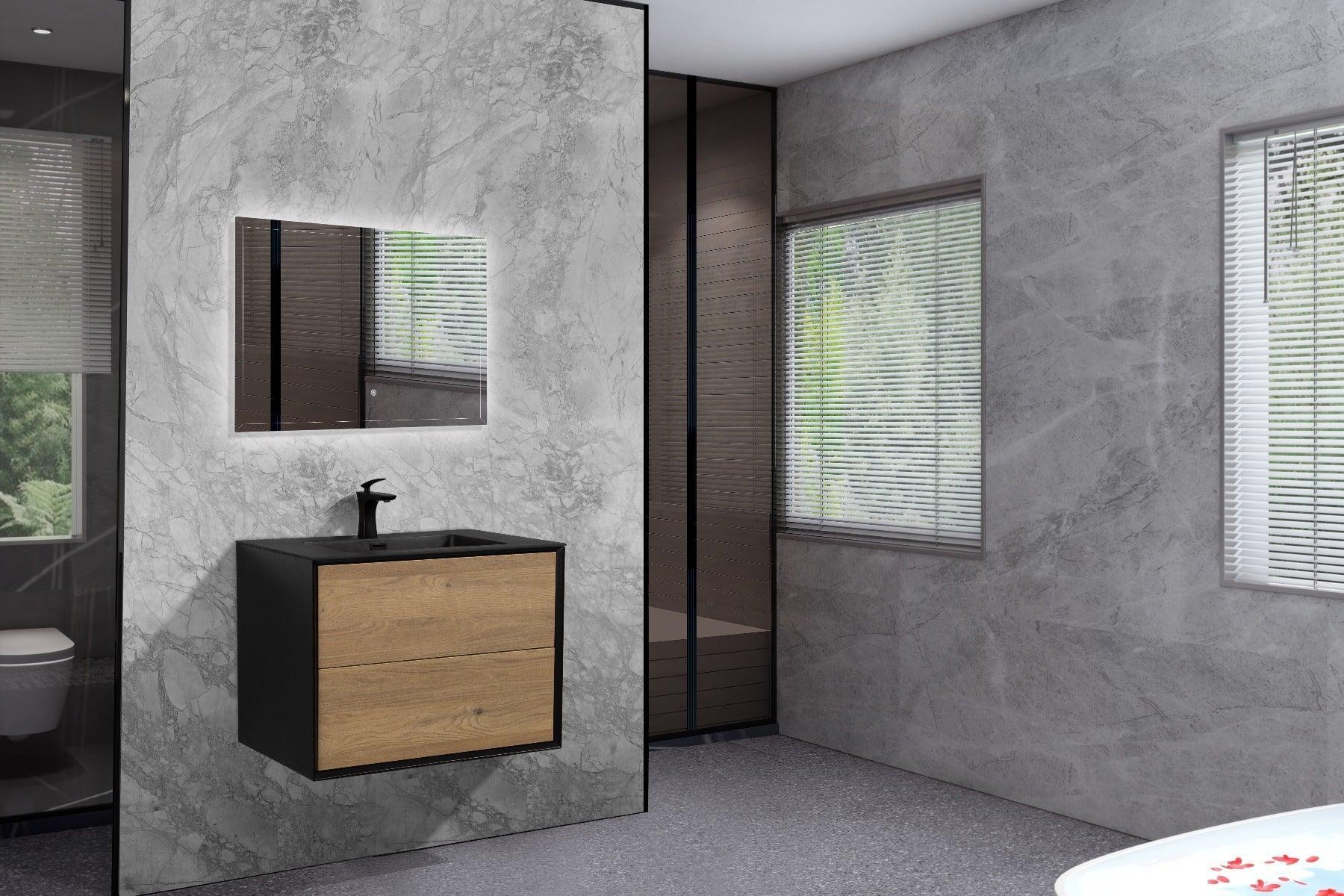 30" Black & Rough Oak Wall Mount Vanity with Black Engineered Quartz Countertop - Golden Elite Deco