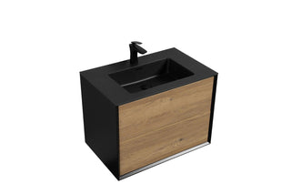 30" Black & Rough Oak Wall Mount Vanity with Black Engineered Quartz Countertop - Golden Elite Deco