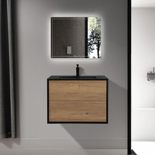 30" Black & Rough Oak Wall Mount Vanity with Black Engineered Quartz Countertop - Golden Elite Deco