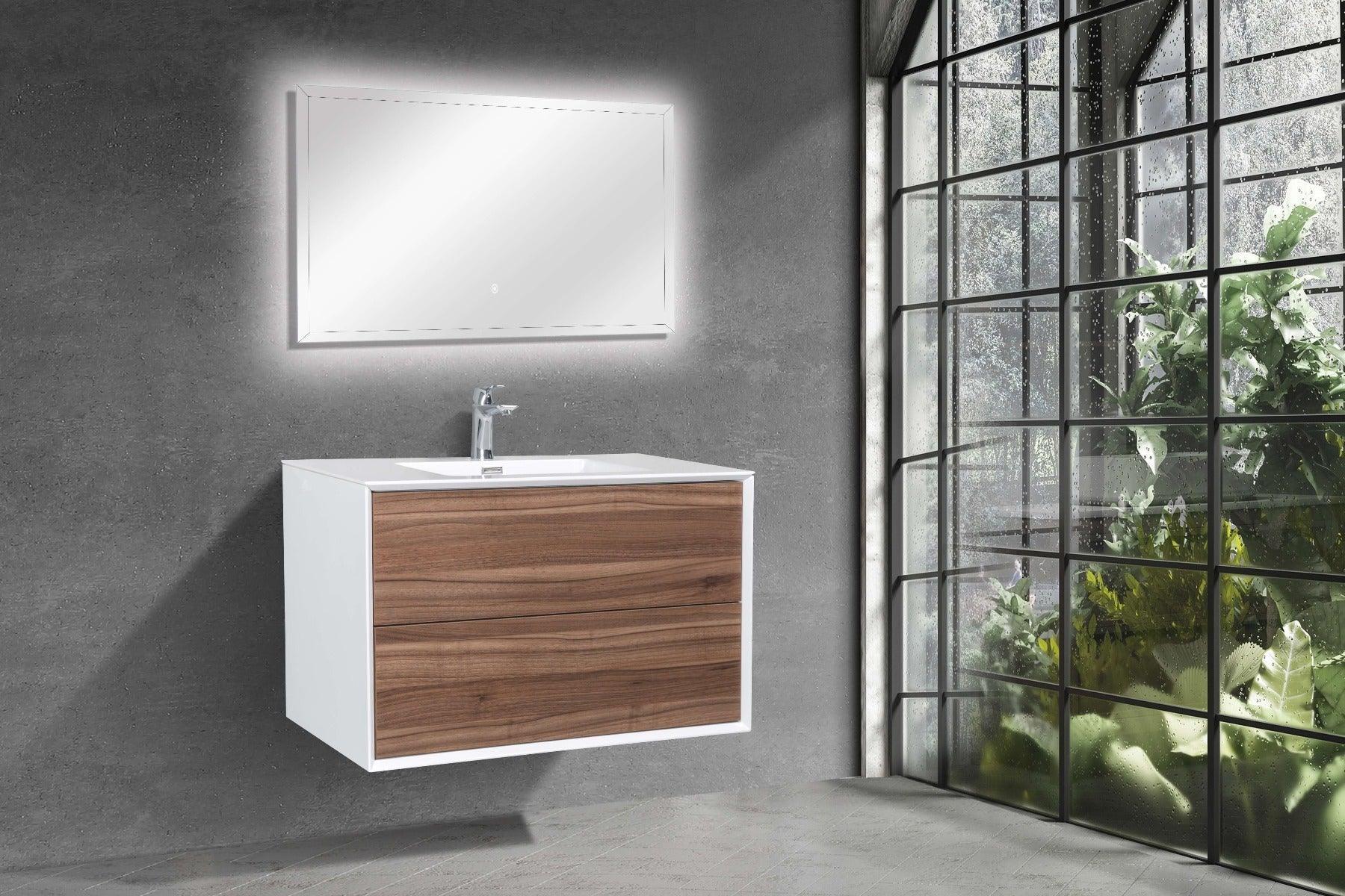 36" Walnut Wall Mount Vanity with White Polymarble Countertop - Golden Elite Deco