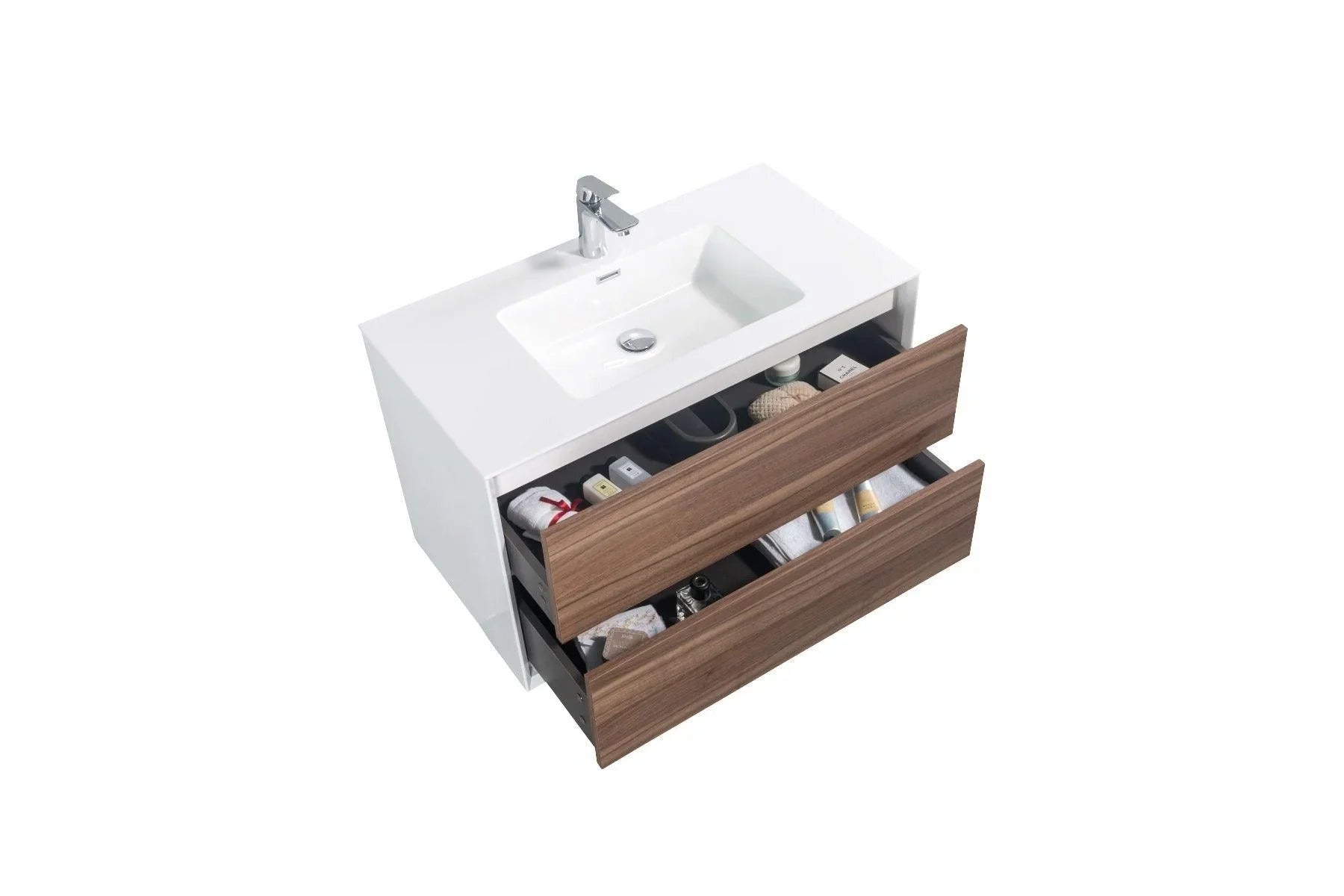 36" Walnut Wall Mount Vanity with White Polymarble Countertop - Golden Elite Deco