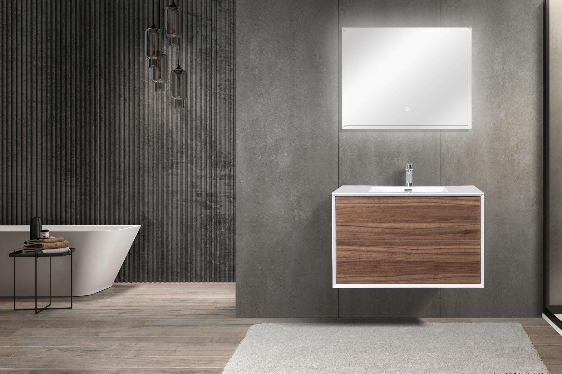 36" Walnut Wall Mount Vanity with White Polymarble Countertop - Golden Elite Deco