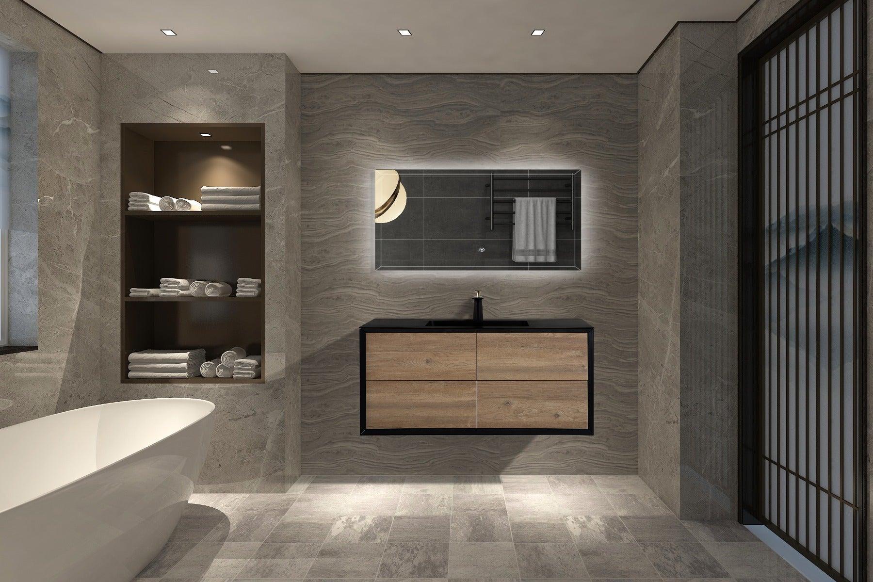 48" Black & Rough Oak Wall Mount Single Sink Bathroom Vanity with Black Engineered Quartz Countertop - Golden Elite Deco