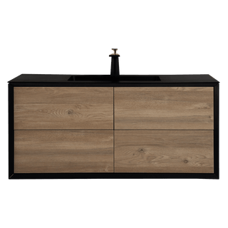 48" Black & Rough Oak Wall Mount Single Sink Bathroom Vanity with Black Engineered Quartz Countertop - Golden Elite Deco