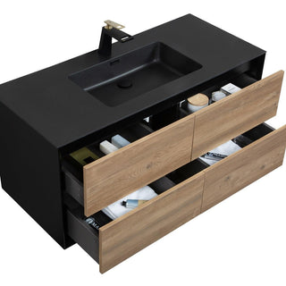 48" Black & Rough Oak Wall Mount Single Sink Bathroom Vanity with Black Engineered Quartz Countertop - Golden Elite Deco