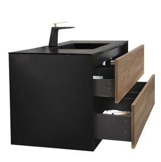 48" Black & Rough Oak Wall Mount Single Sink Bathroom Vanity with Black Engineered Quartz Countertop - Golden Elite Deco