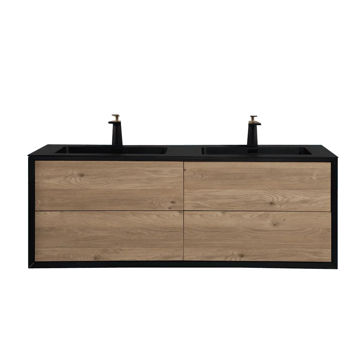 60" Black & Rough Oak Wall Mount Double Sink Bathroom Vanity with Black Engineered Quartz Countertop - Golden Elite Deco