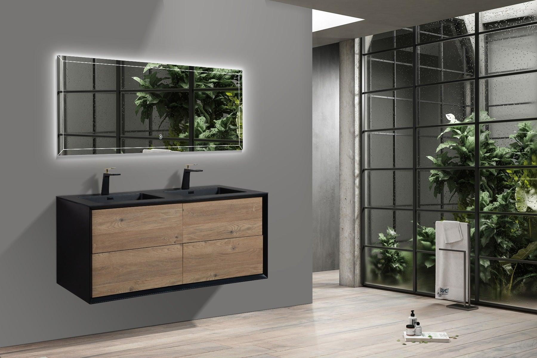 60" Black & Rough Oak Wall Mount Double Sink Bathroom Vanity with Black Engineered Quartz Countertop - Golden Elite Deco