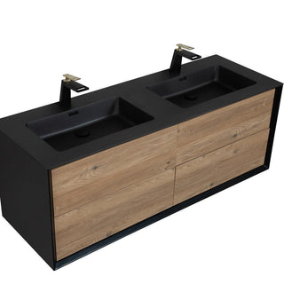 60" Black & Rough Oak Wall Mount Double Sink Bathroom Vanity with Black Engineered Quartz Countertop - Golden Elite Deco