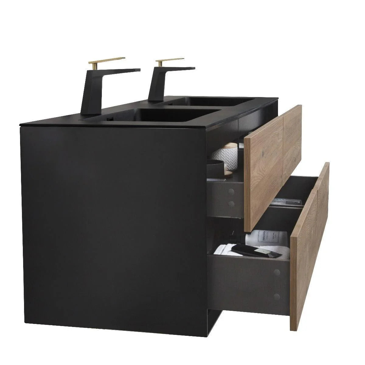 60" Black & Rough Oak Wall Mount Double Sink Bathroom Vanity with Black Engineered Quartz Countertop - Golden Elite Deco