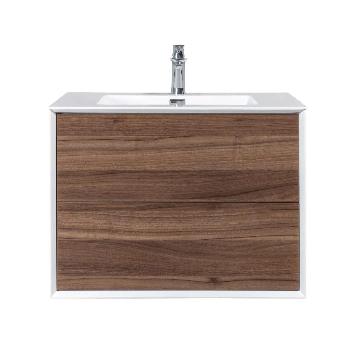 30" Walnut Wall Mount Vanity with White Polymarble Countertop - Golden Elite Deco