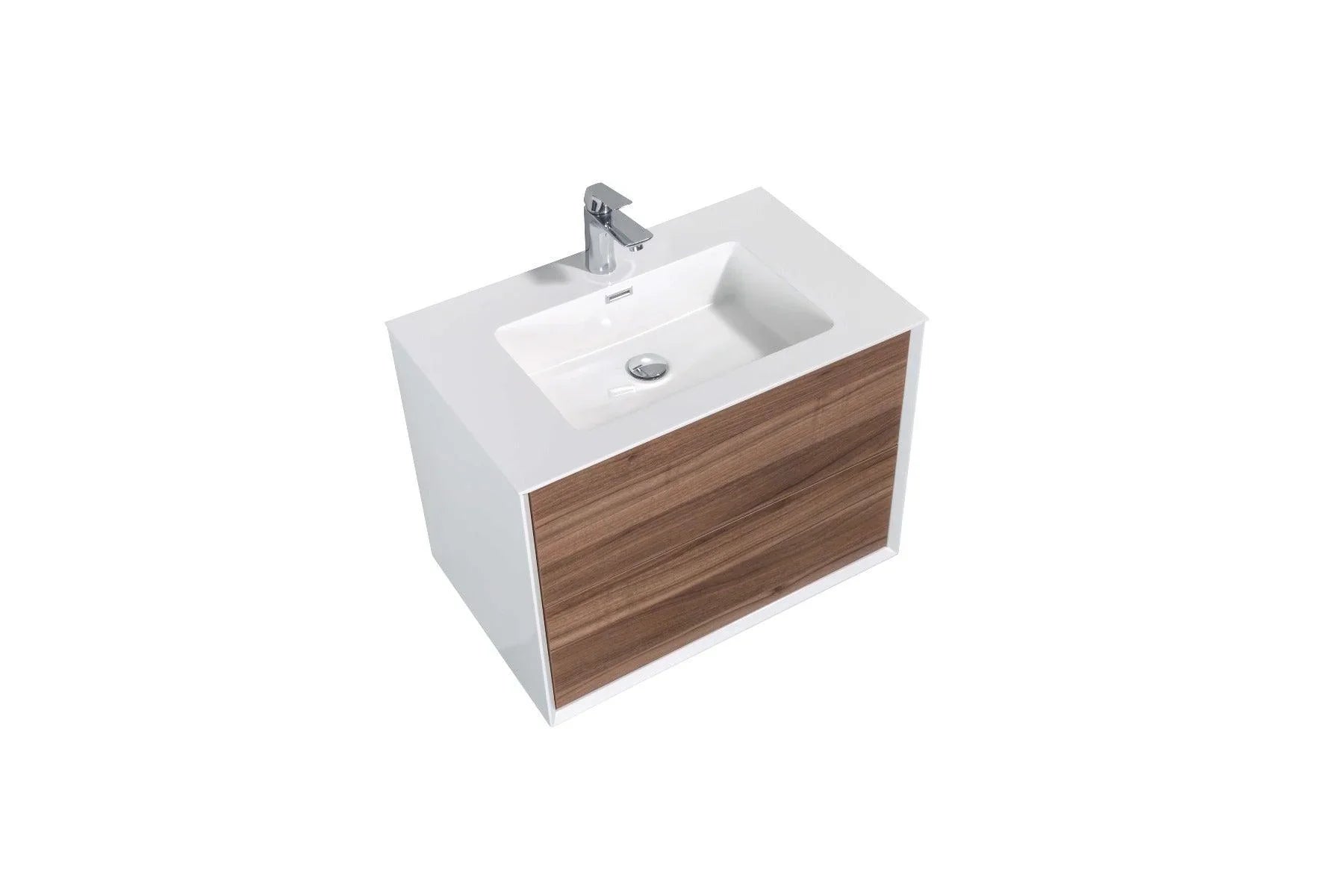 30" Walnut Wall Mount Vanity with White Polymarble Countertop - Golden Elite Deco