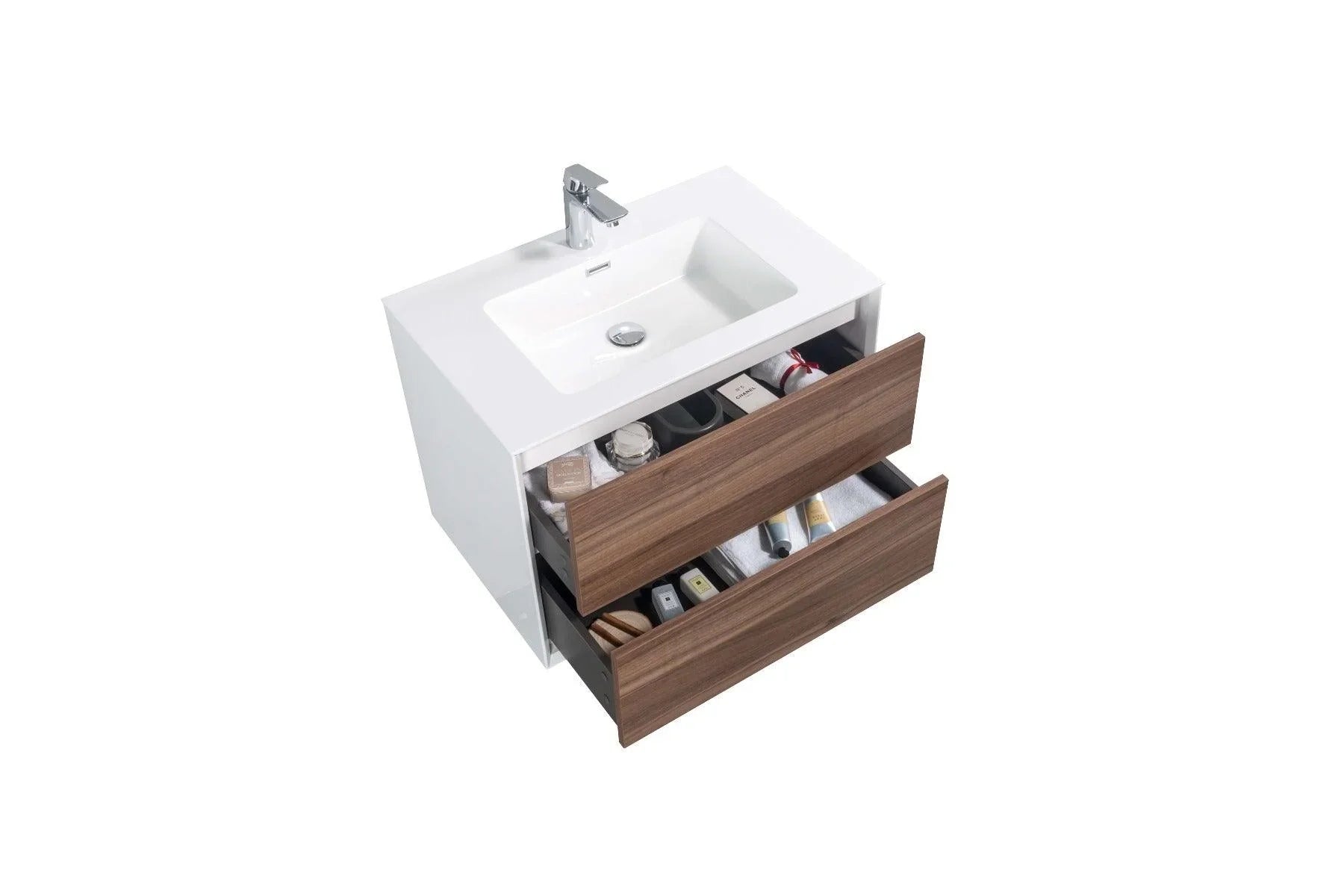 30" Walnut Wall Mount Vanity with White Polymarble Countertop - Golden Elite Deco