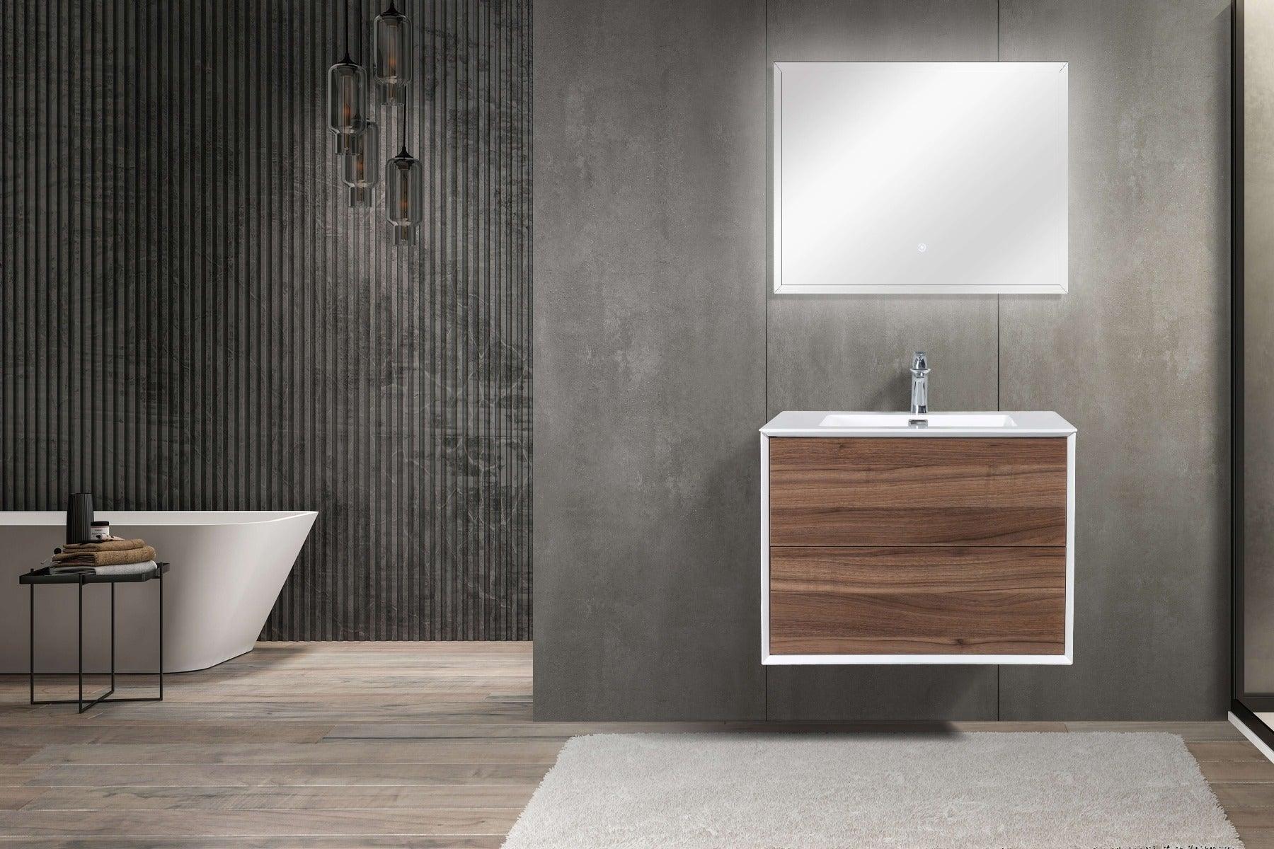 30" Walnut Wall Mount Vanity with White Polymarble Countertop - Golden Elite Deco