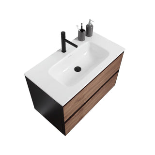 36" Walnut Wall Mount Bathroom Vanity with White Glossy Solid surface Countertop - Golden Elite Deco