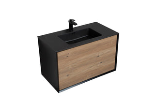 36" Black & Rough Oak Wall Mount Single Sink Bathroom Vanity with Black Engineered Quartz Countertop Fleur - Golden Elite Deco