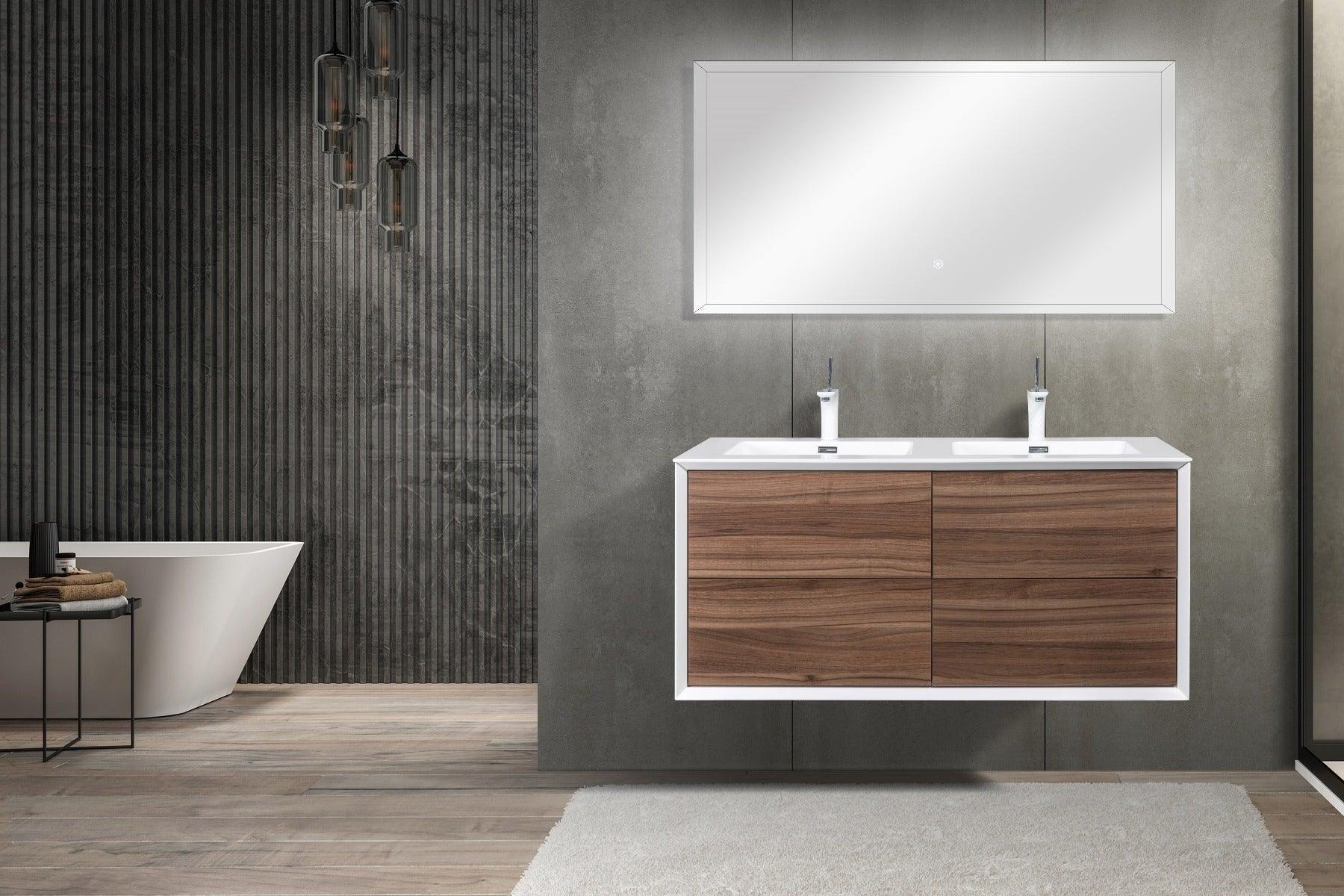 48" Walnut Wall Mount Double Sink Bathroom Vanity with White Polymarble Countertop Fleur - Golden Elite Deco