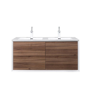 48" Walnut Wall Mount Double Sink Bathroom Vanity with White Polymarble Countertop Fleur - Golden Elite Deco