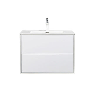 30" White Wall Mount Vanity with White Polymarble Countertop - Golden Elite Deco