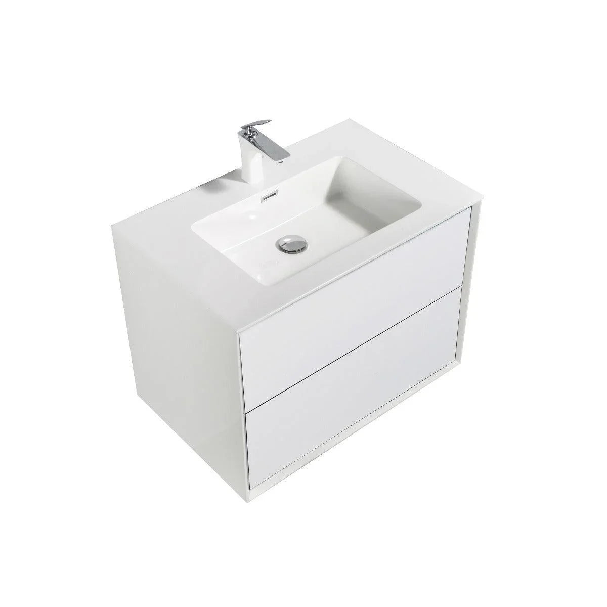 30" White Wall Mount Vanity with White Polymarble Countertop - Golden Elite Deco