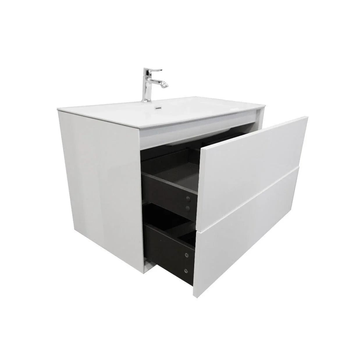 30" White Wall Mount Vanity with White Polymarble Countertop - Golden Elite Deco