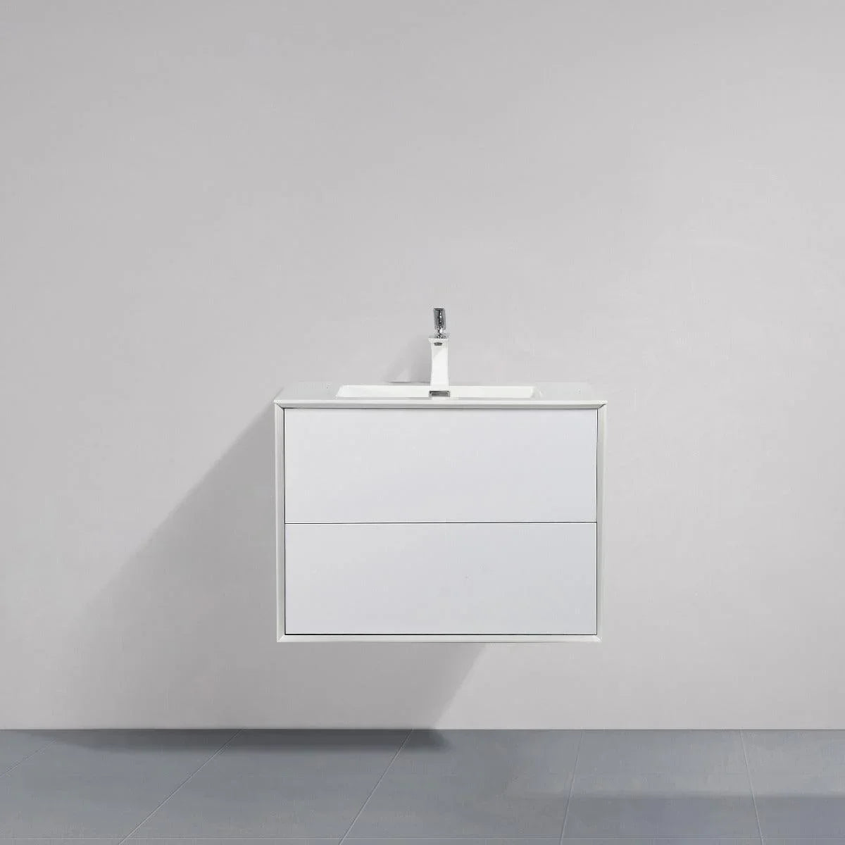 30" White Wall Mount Vanity with White Polymarble Countertop - Golden Elite Deco