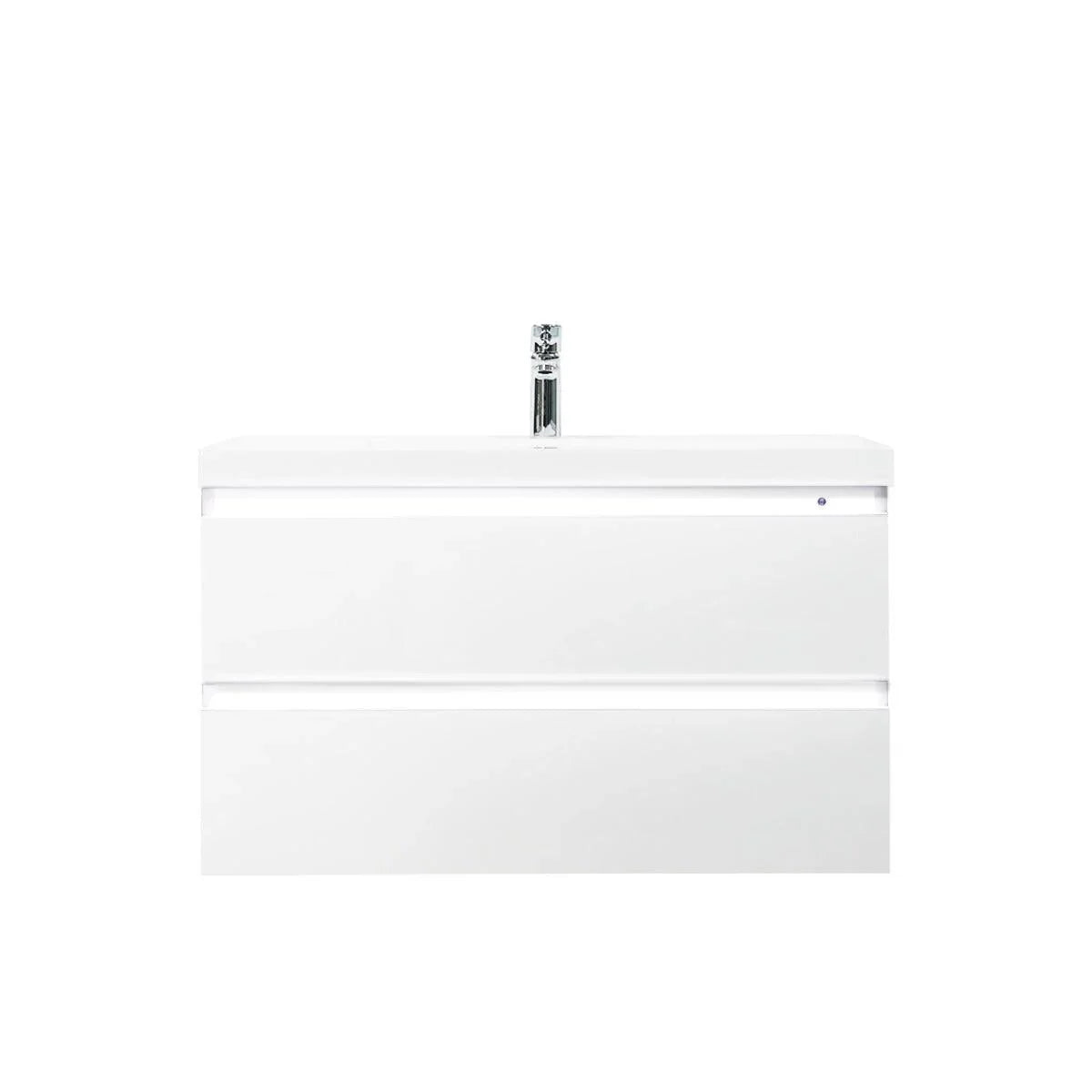 36" Glossy White Wall Mount Light-Up Bathroom Vanity with White Polymarble Countertop - Golden Elite Deco