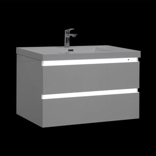 36" Glossy White Wall Mount Light-Up Bathroom Vanity with White Polymarble Countertop - Golden Elite Deco