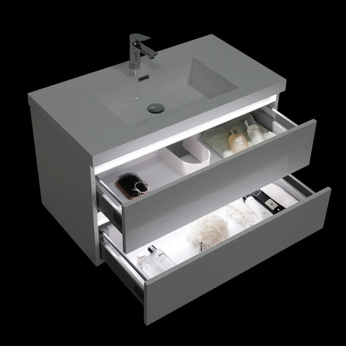 36" Glossy White Wall Mount Light-Up Bathroom Vanity with White Polymarble Countertop - Golden Elite Deco