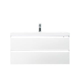 42" Glossy White Wall Mount Light-Up Bathroom Vanity with White Polymarble Countertop - Golden Elite Deco
