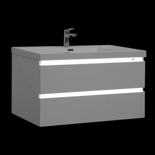 42" Glossy White Wall Mount Light-Up Bathroom Vanity with White Polymarble Countertop - Golden Elite Deco