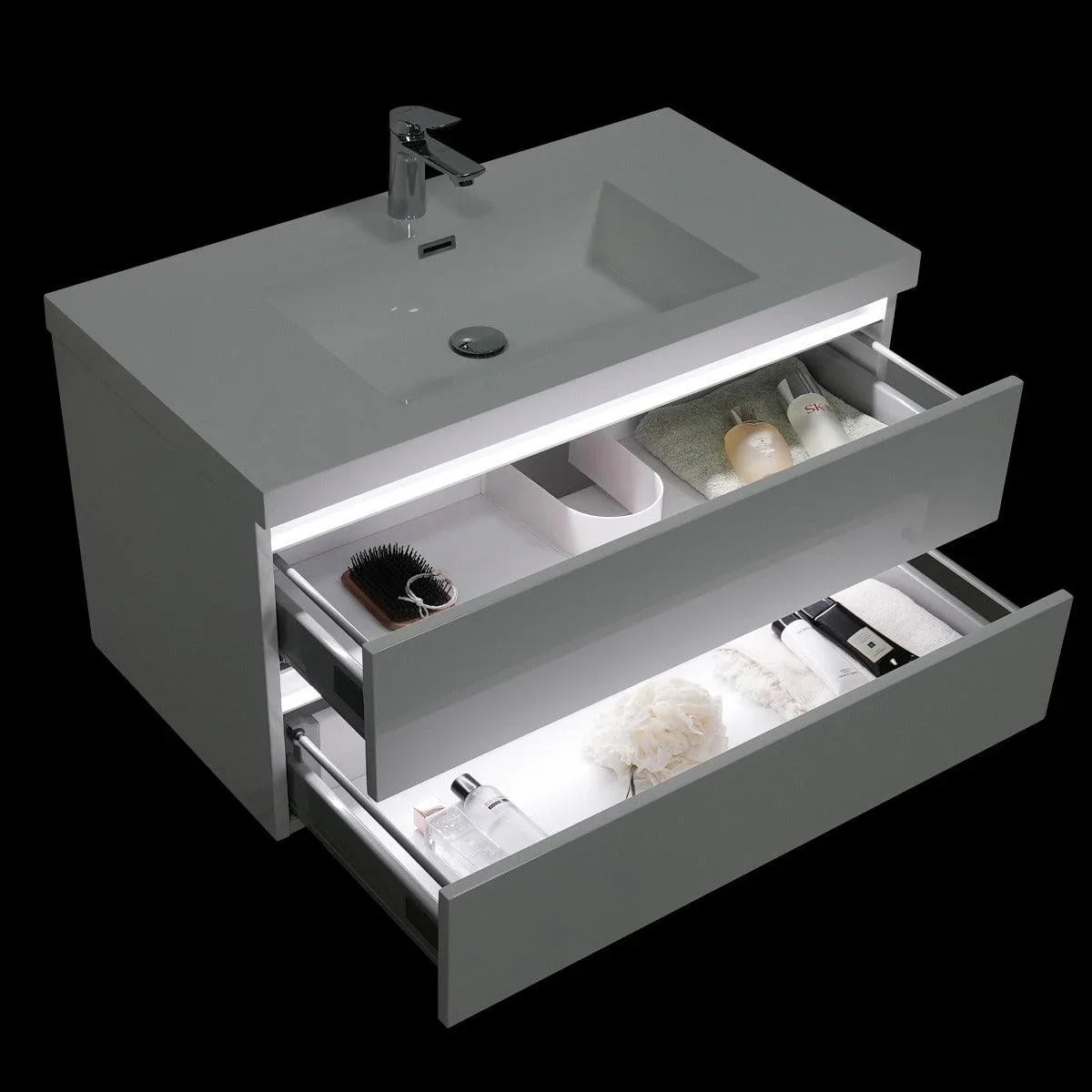 42" Glossy White Wall Mount Light-Up Bathroom Vanity with White Polymarble Countertop - Golden Elite Deco