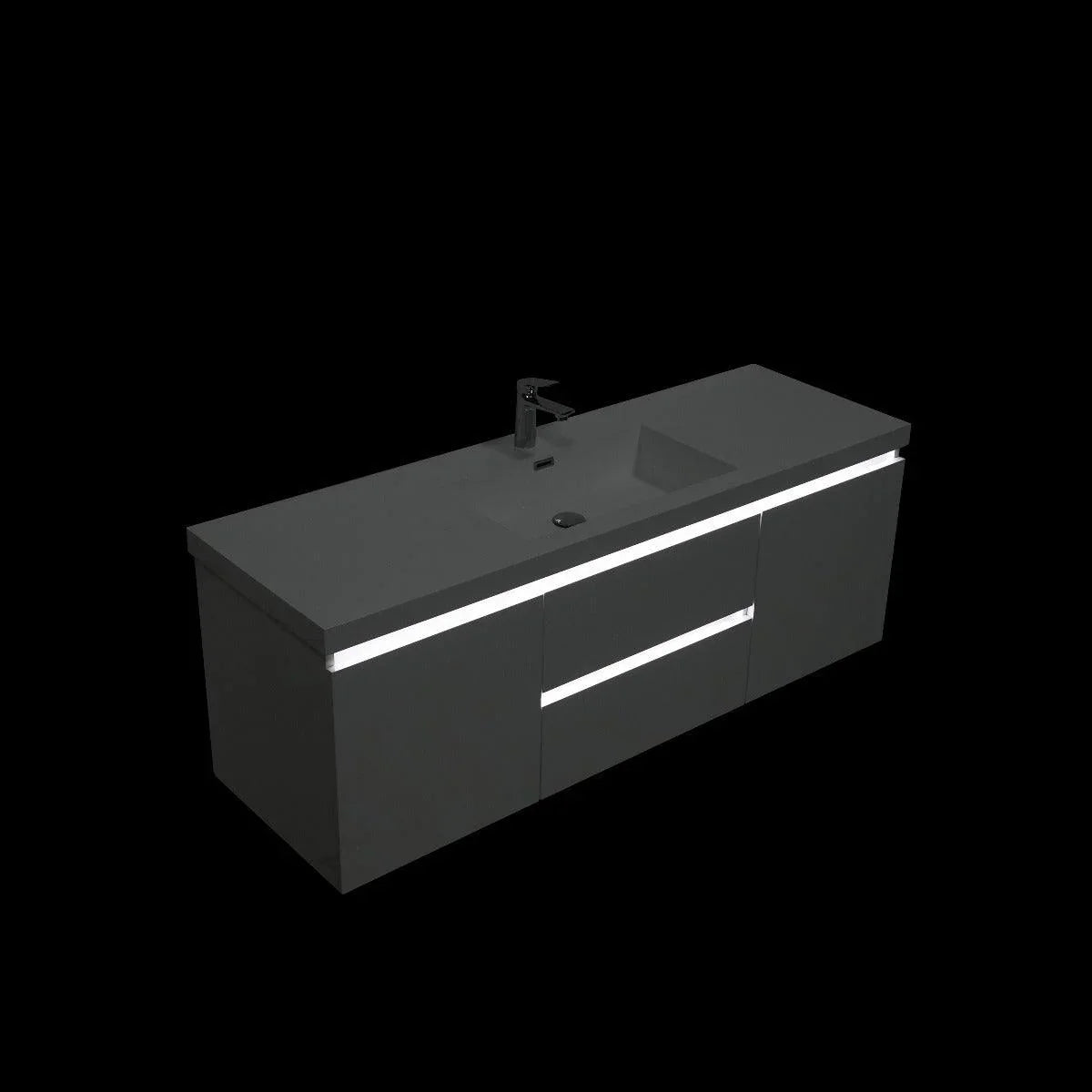 48" Glossy White Wall Mount Light-Up Bathroom Vanity with White Polymarble Countertop - Golden Elite Deco