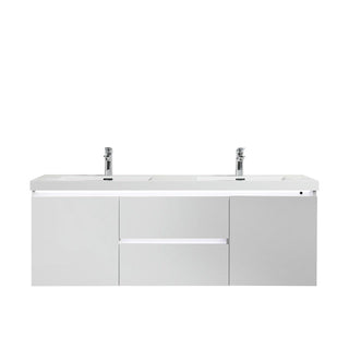 60" Glossy White Wall Mount Light-Up Double Sink Bathroom Vanity with White Polymarble Countertop - Golden Elite Deco