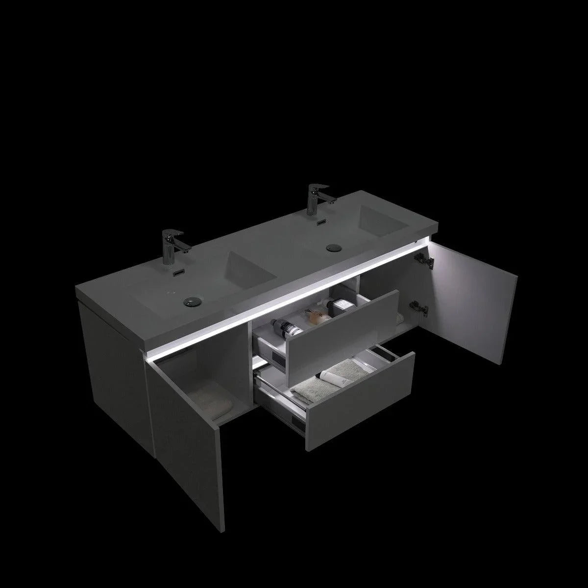 60" Glossy White Wall Mount Light-Up Double Sink Bathroom Vanity with White Polymarble Countertop - Golden Elite Deco