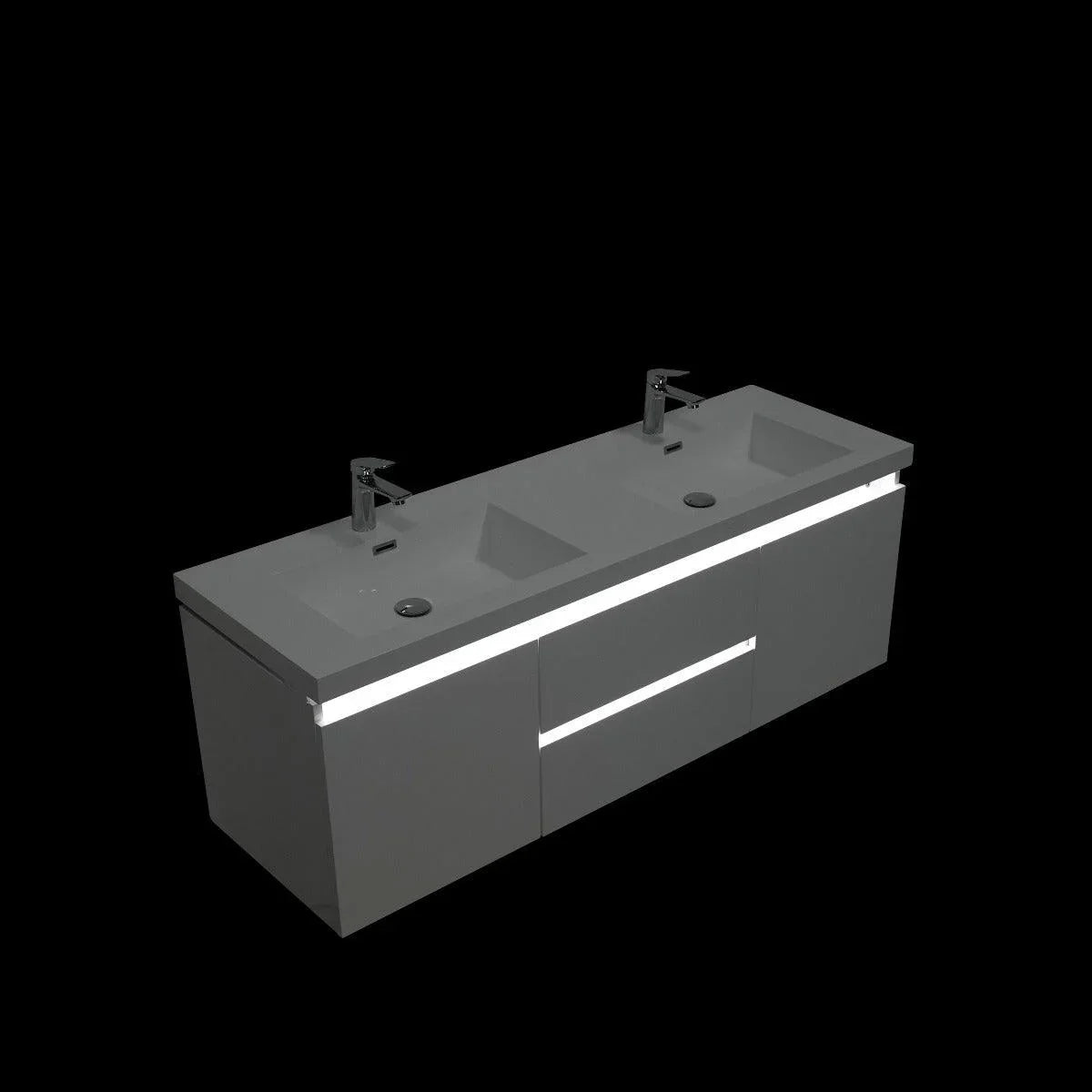 60" Glossy White Wall Mount Light-Up Double Sink Bathroom Vanity with White Polymarble Countertop - Golden Elite Deco