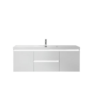 60" Glossy White Wall Mount Light-Up Bathroom Vanity with White Polymarble Countertop - Golden Elite Deco