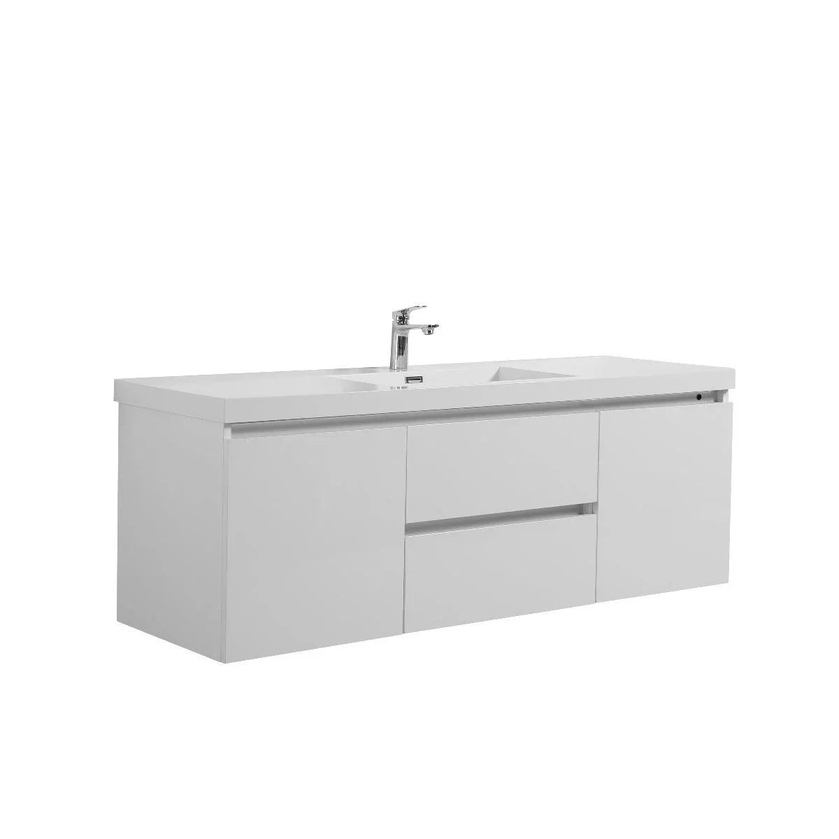 60" Glossy White Wall Mount Light-Up Bathroom Vanity with White Polymarble Countertop - Golden Elite Deco