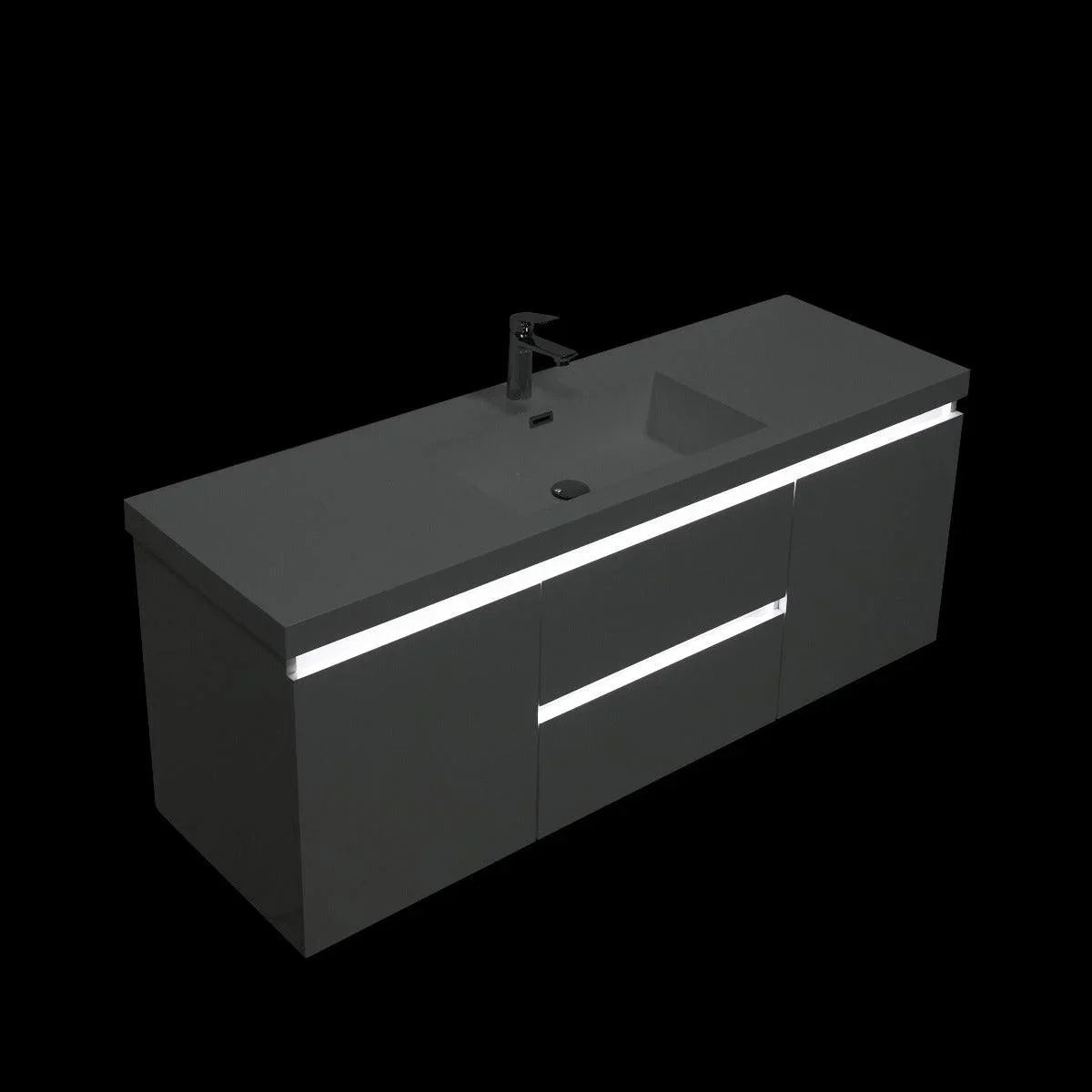 60" Glossy White Wall Mount Light-Up Bathroom Vanity with White Polymarble Countertop - Golden Elite Deco