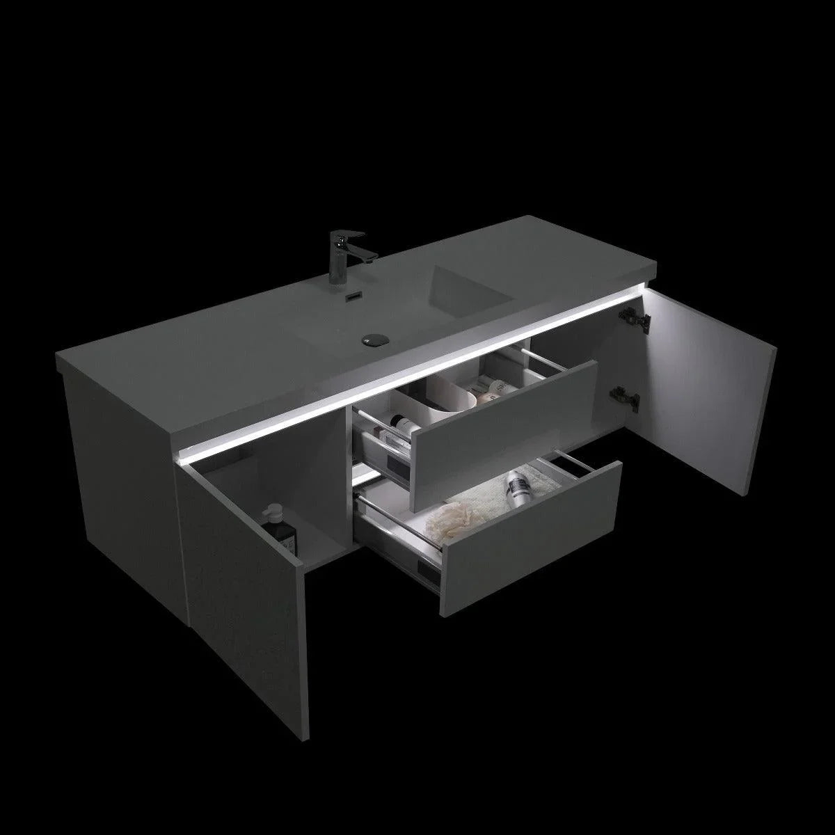 60" Glossy White Wall Mount Light-Up Bathroom Vanity with White Polymarble Countertop - Golden Elite Deco