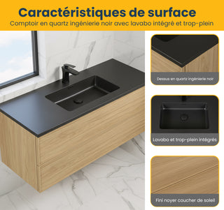 Meuble-Lavabo Mural 48po Noyer Couchant avec Comptoir de Quartz d'ingénierie Noir