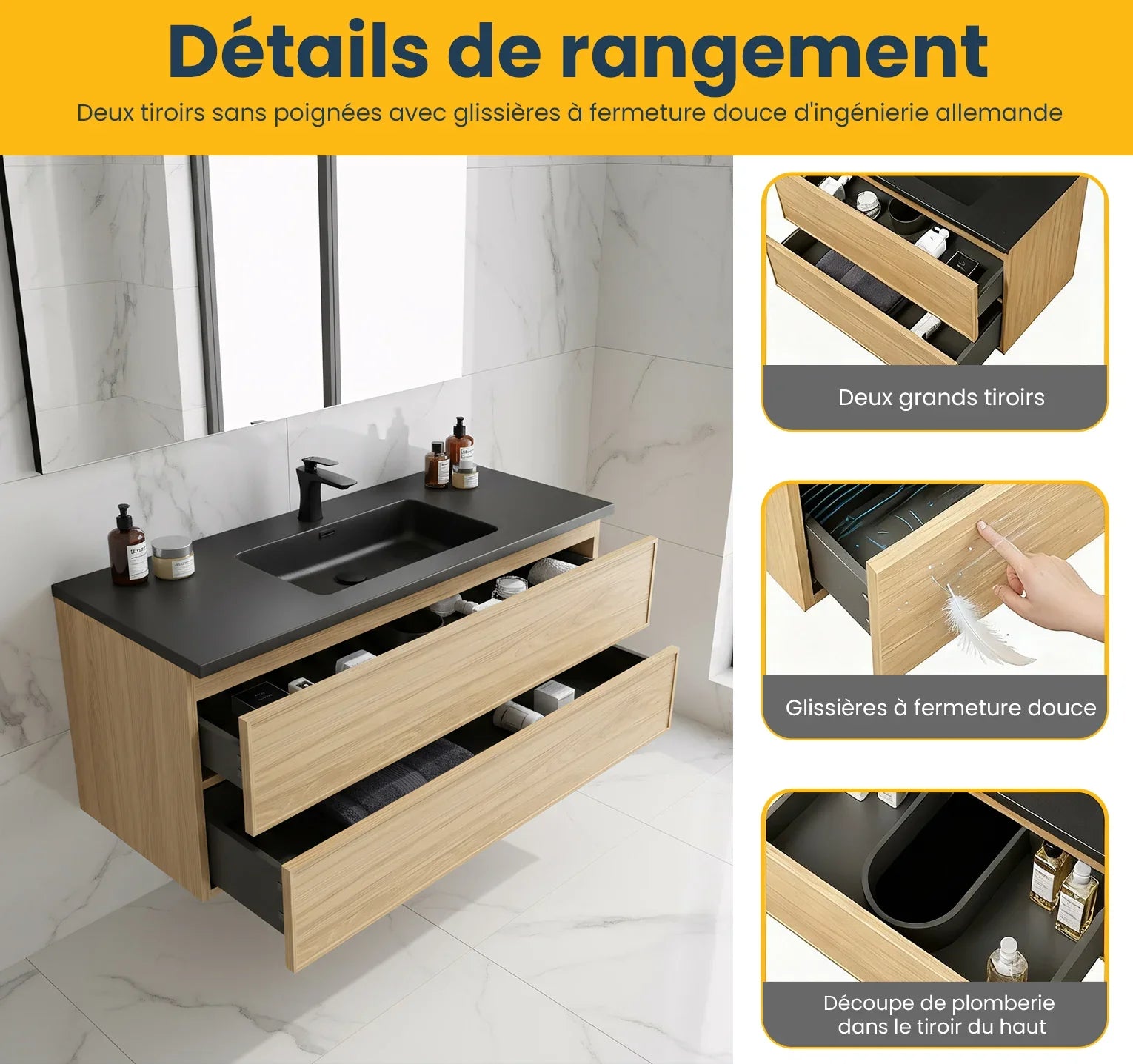 48" Sunset Walnut Wall Mount Bathroom Vanity with Black Engineered Quartz Countertop