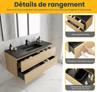 Meuble-Lavabo Mural 48po Noyer Couchant avec Comptoir de Quartz d'ingénierie Noir